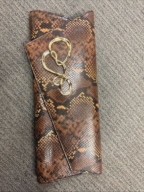 Alexis Bittar Brown and Gold Snake-Print Clutch with Twisted Gold Accent